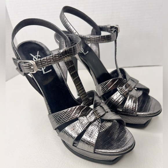 Saint Laurent YsL 105mm Tributes Grey Graphite Embossed Leather Size 40.5 /10.5 - Picture 3 of 9